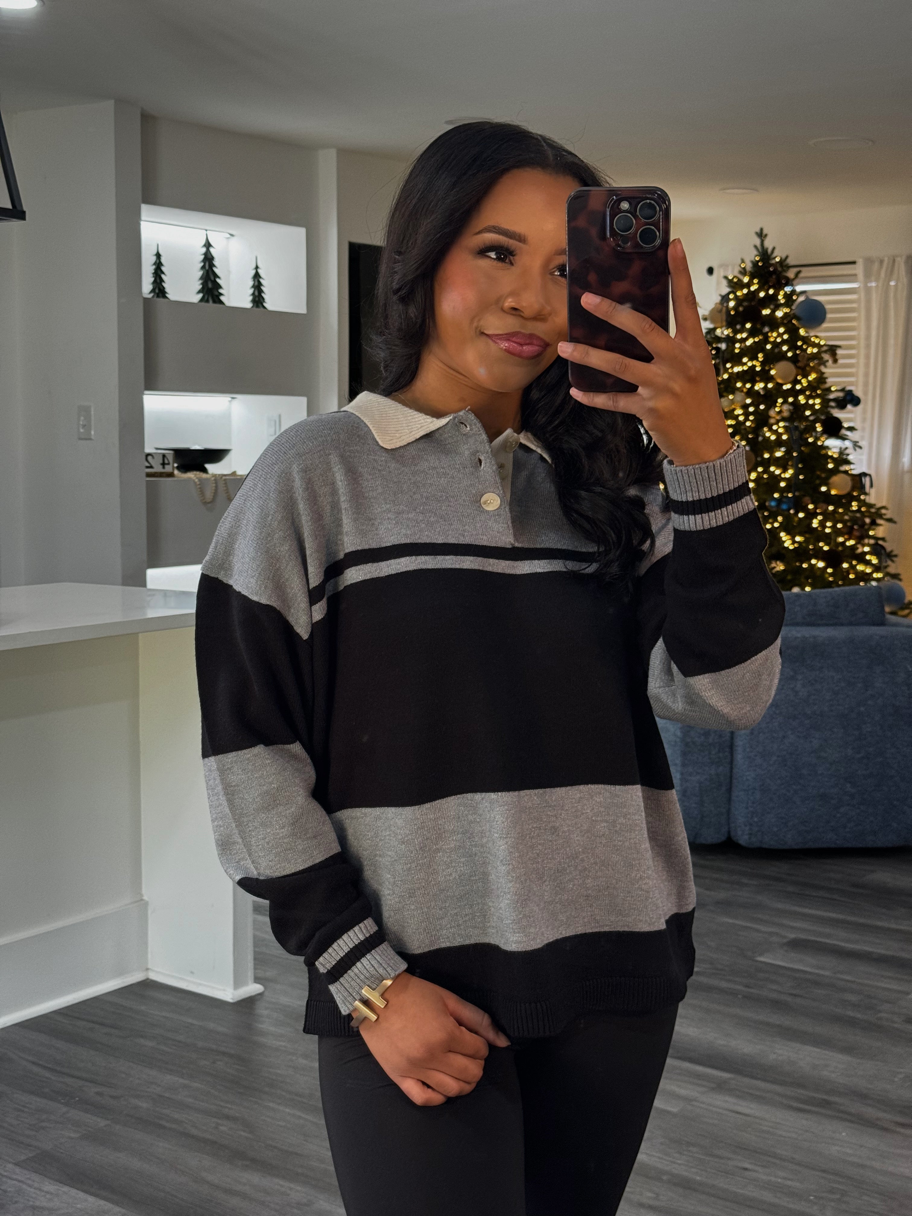 Striped long sleeve polo