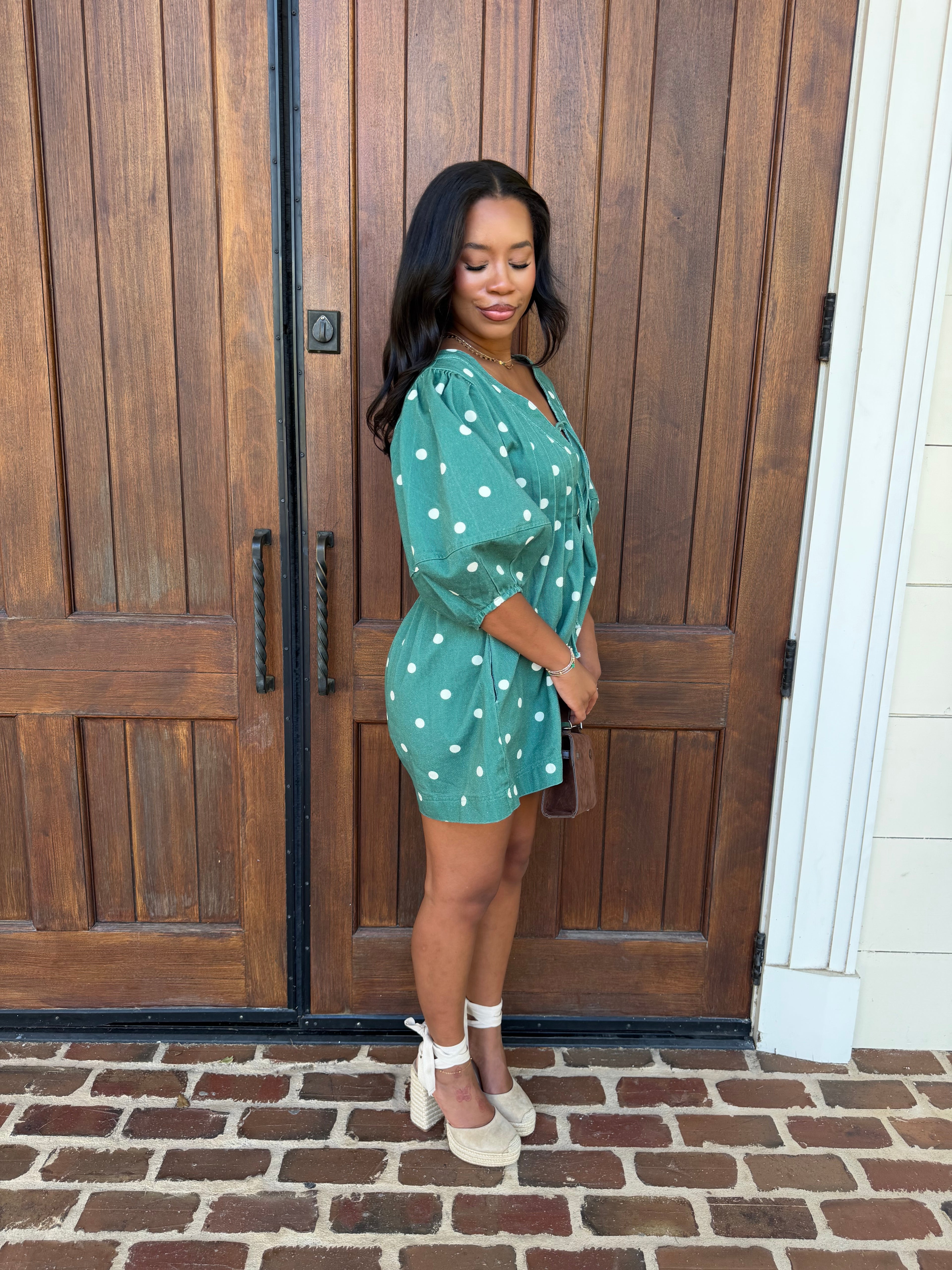 Polka twill denim romper, green