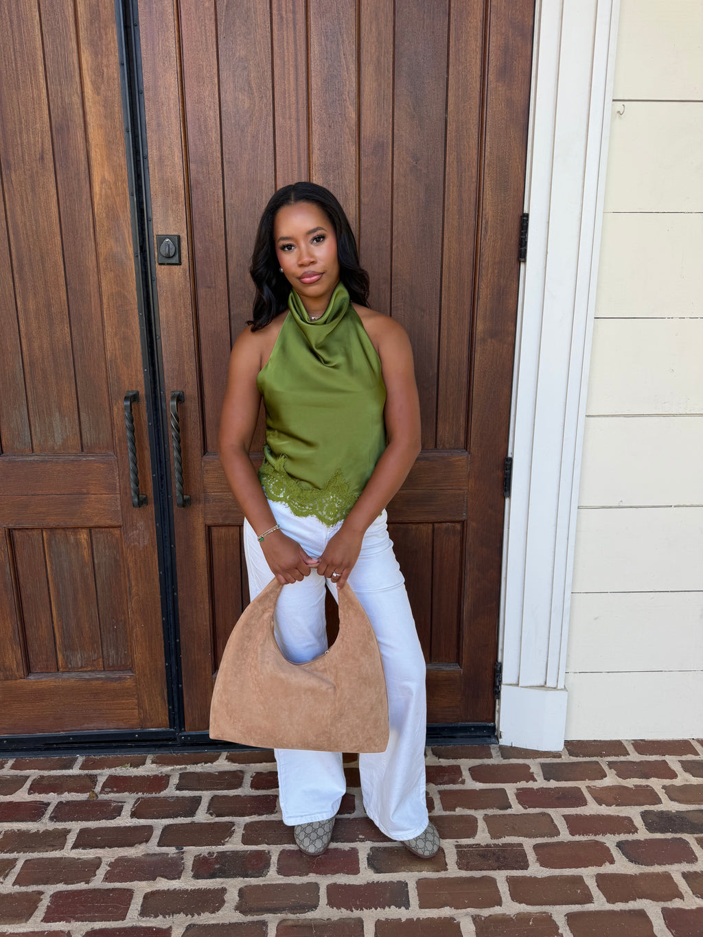 Lace halter top, green