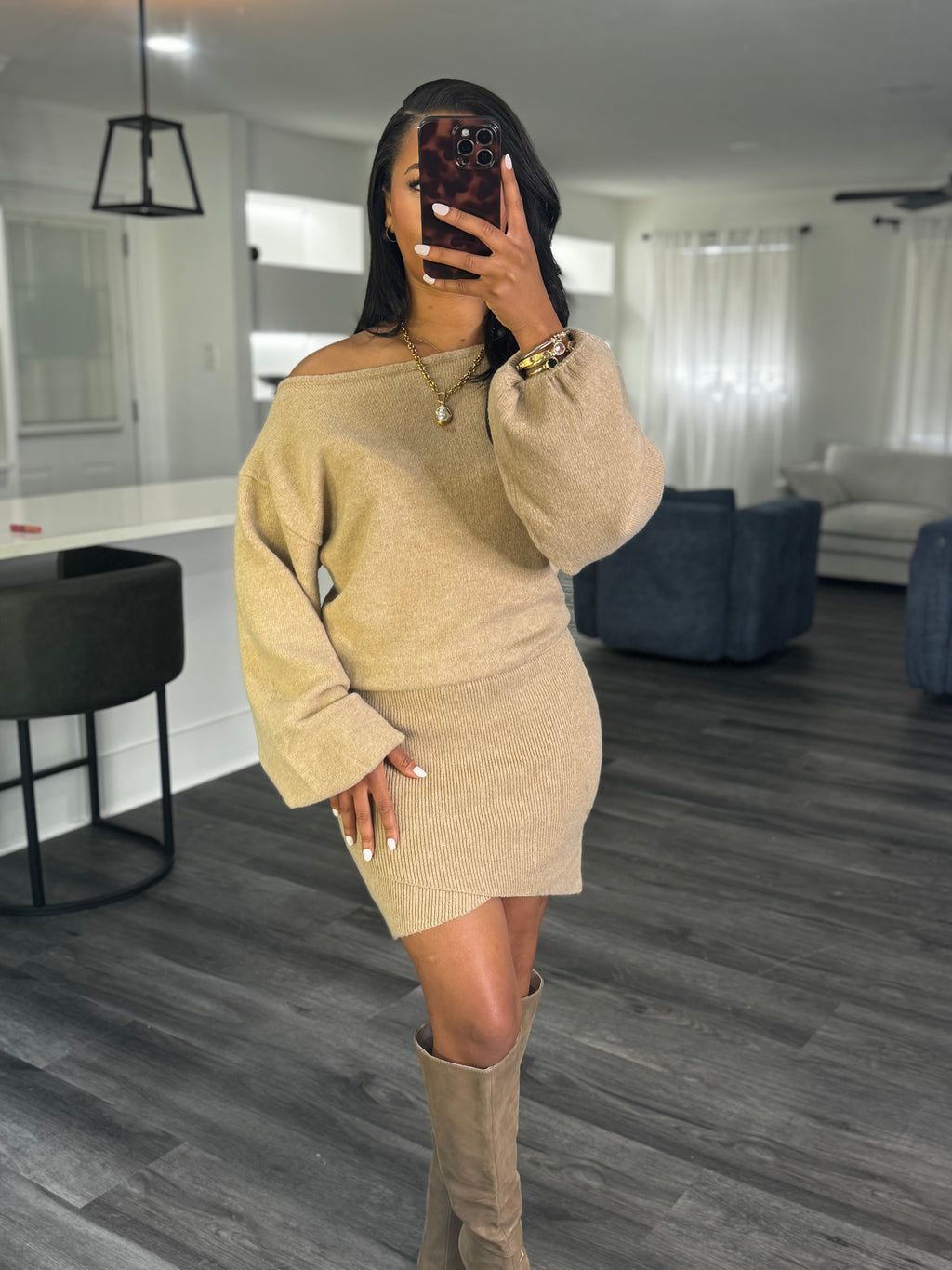 Taupe knit mini dress