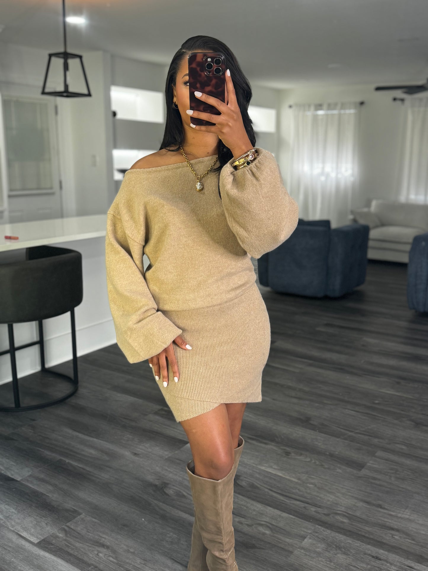 Taupe knit mini dress