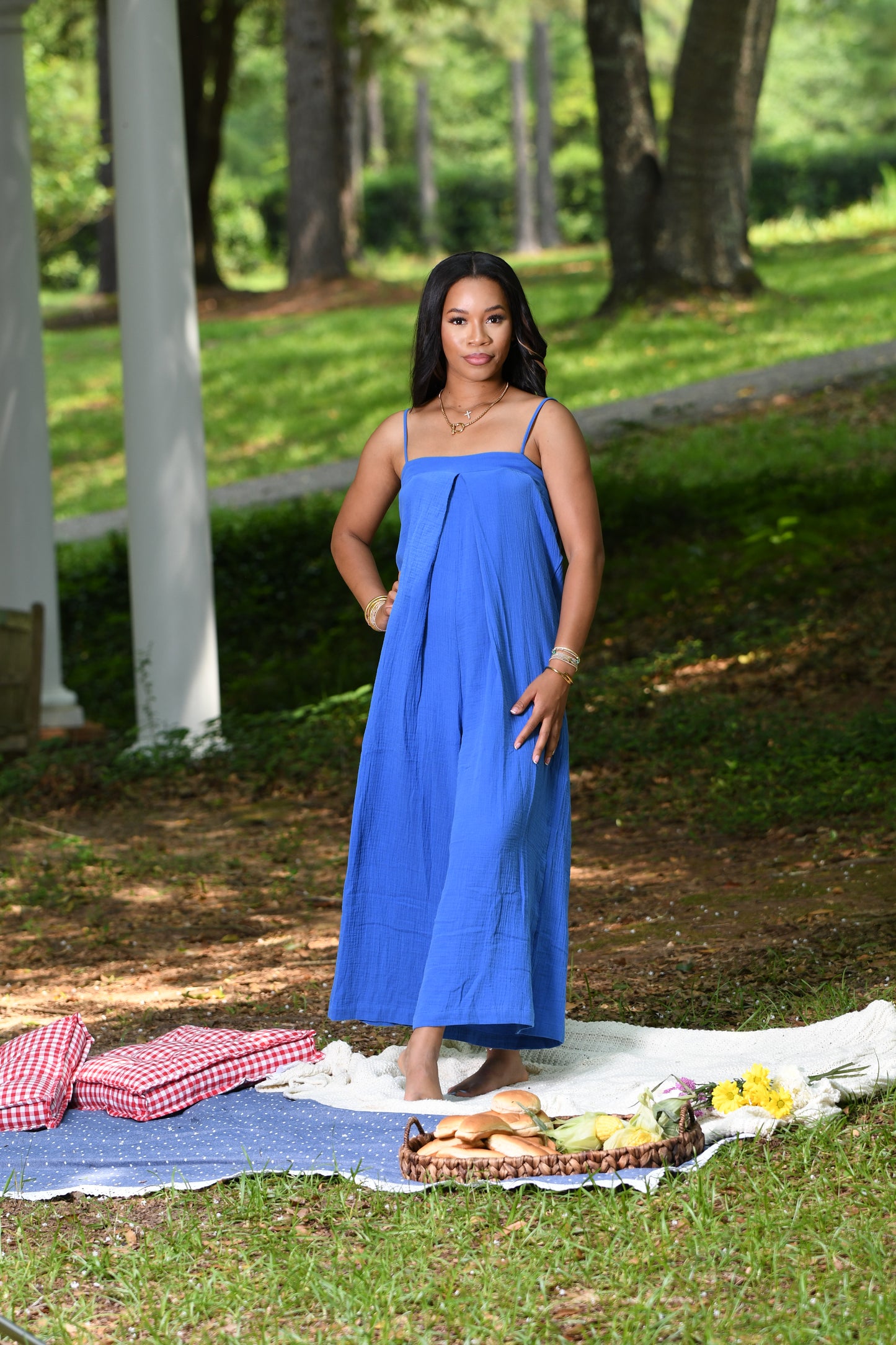 Blue gauze jumpsuit
