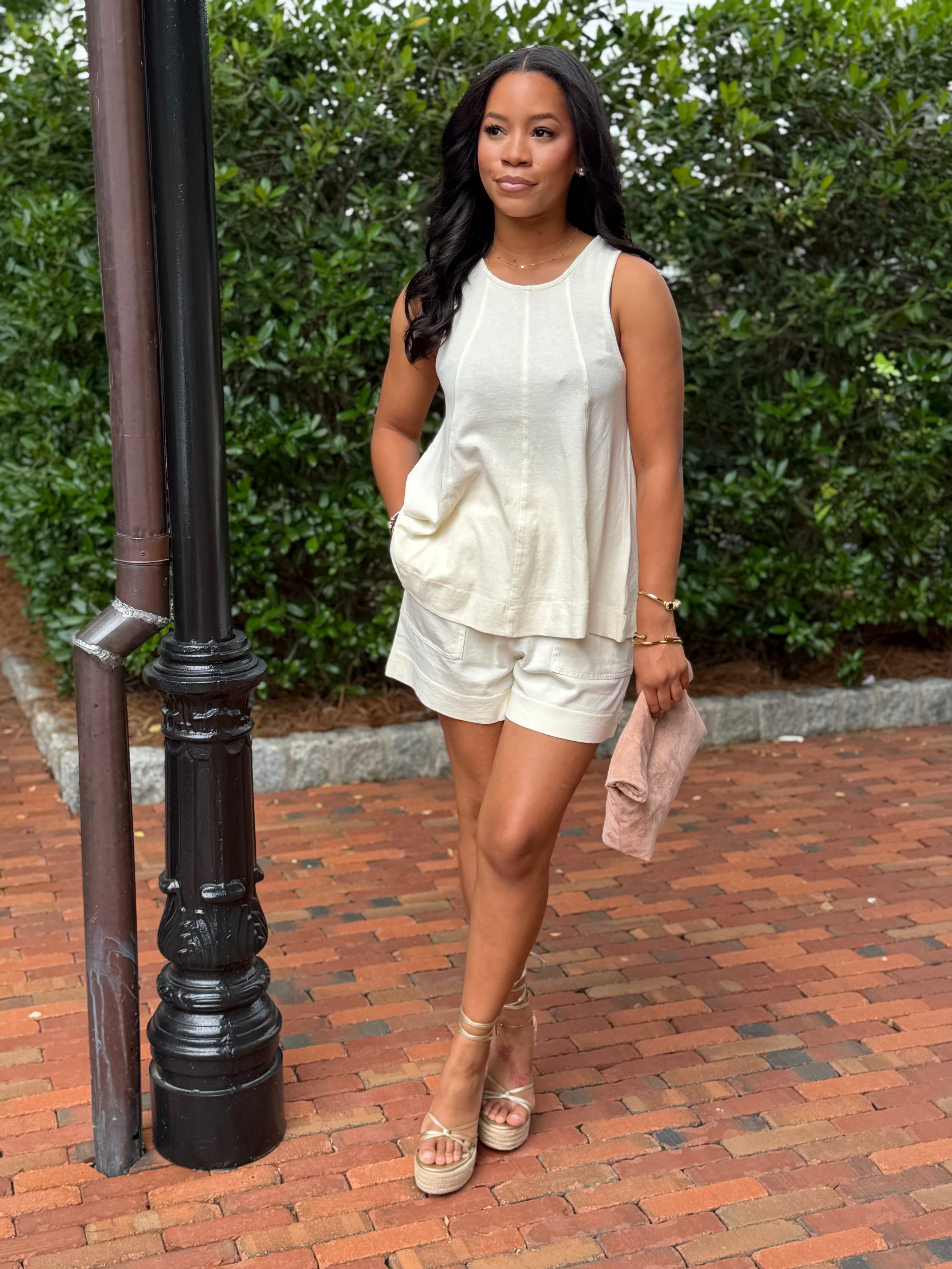 Cream matching short set