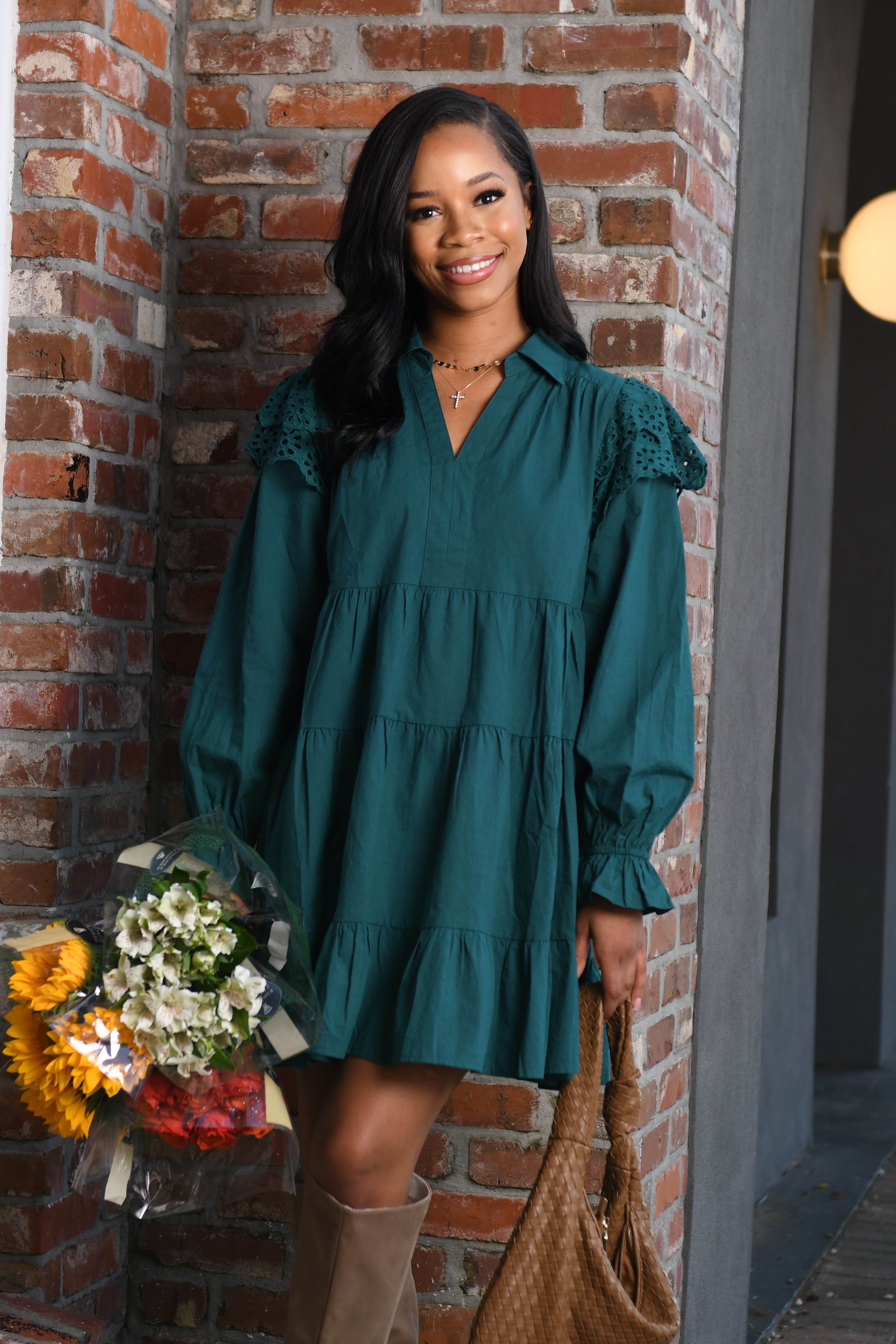 Frills dress, hunter green