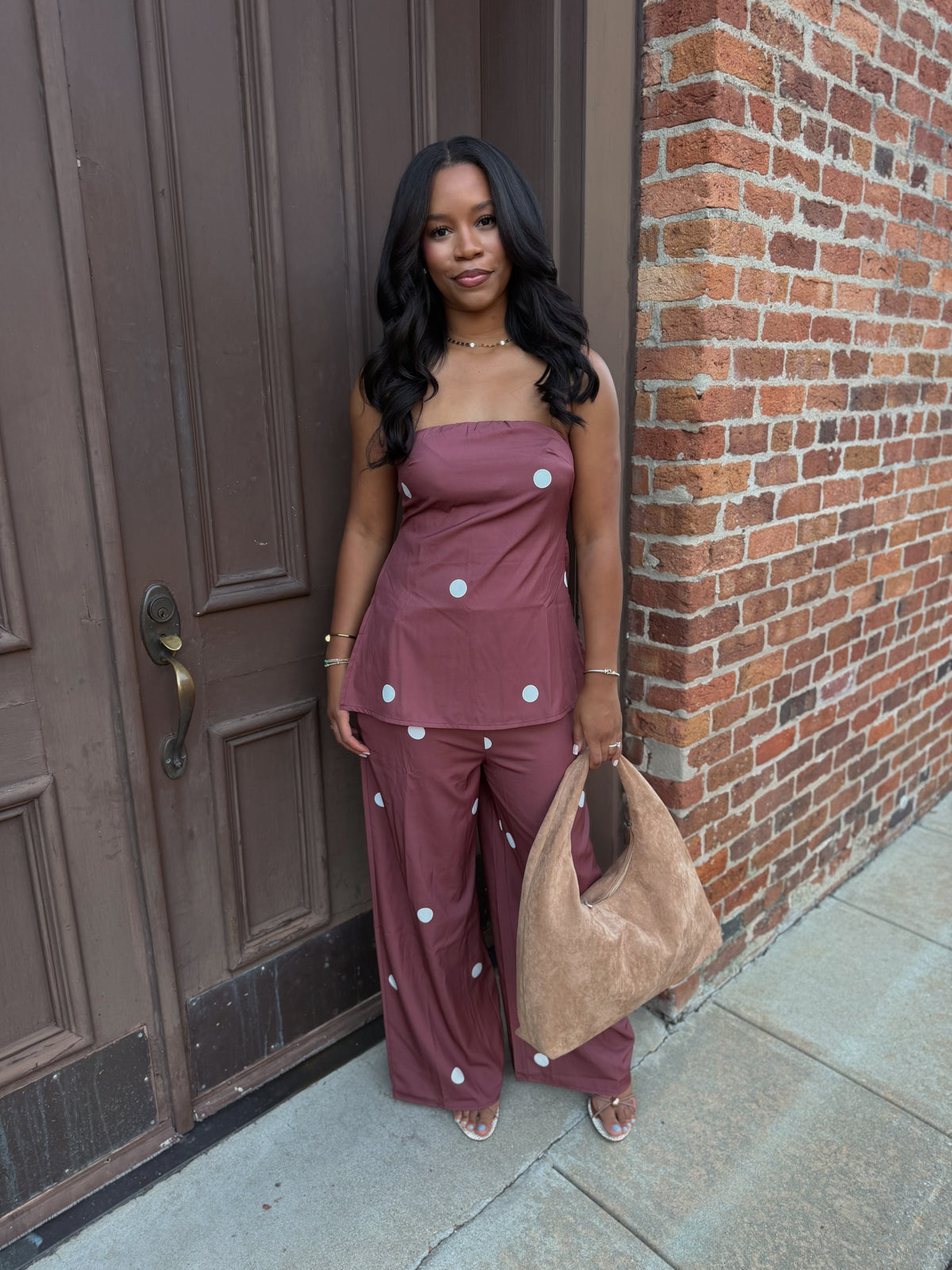 Brown polka dot, pants set