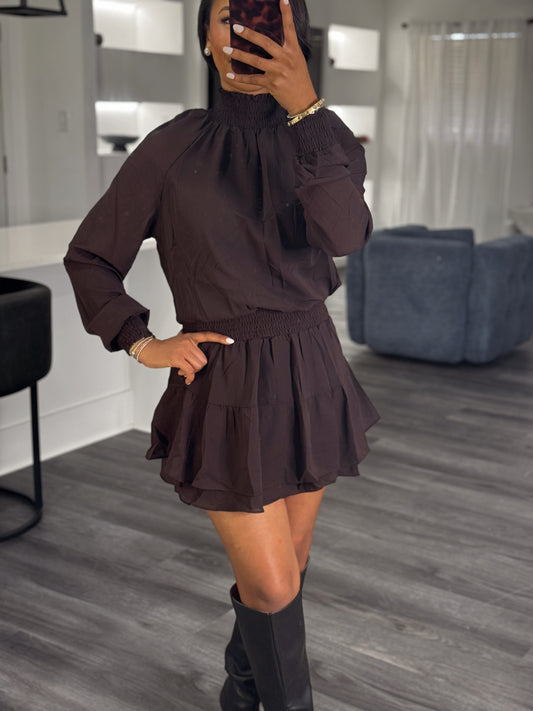 Layered ruched mini dress, brown