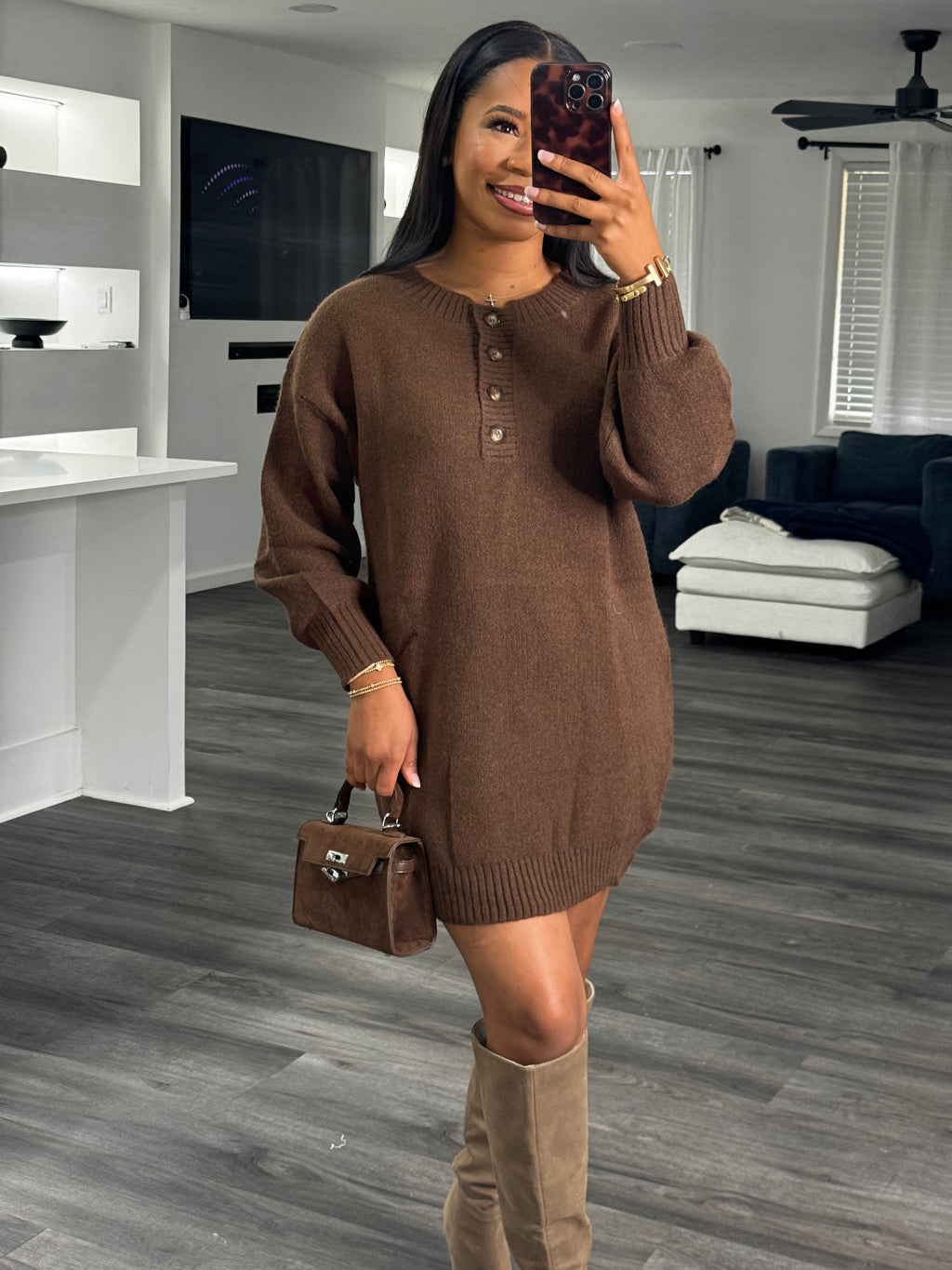 Half button sweater dress (brown)