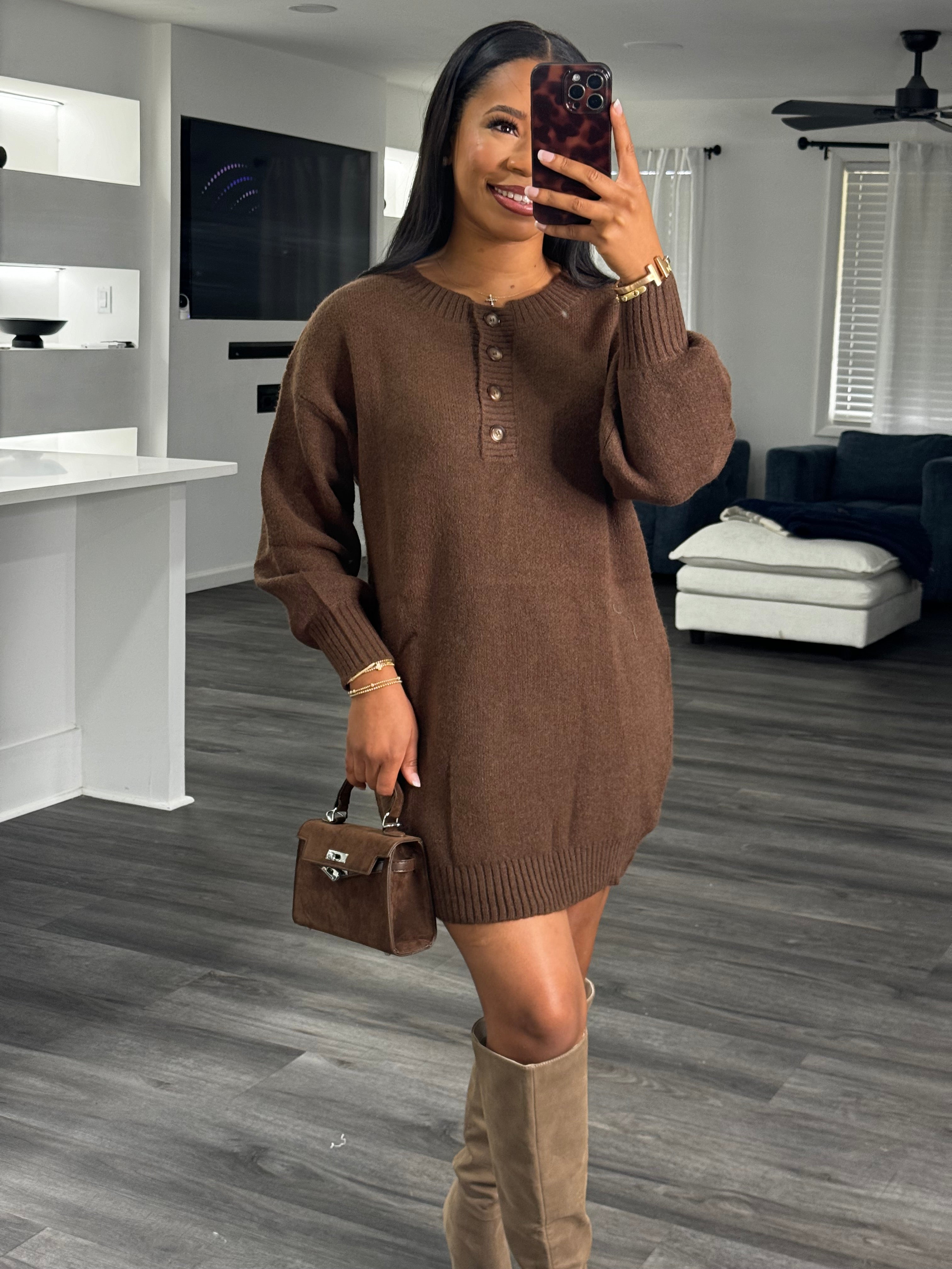 Half button sweater dress (brown)