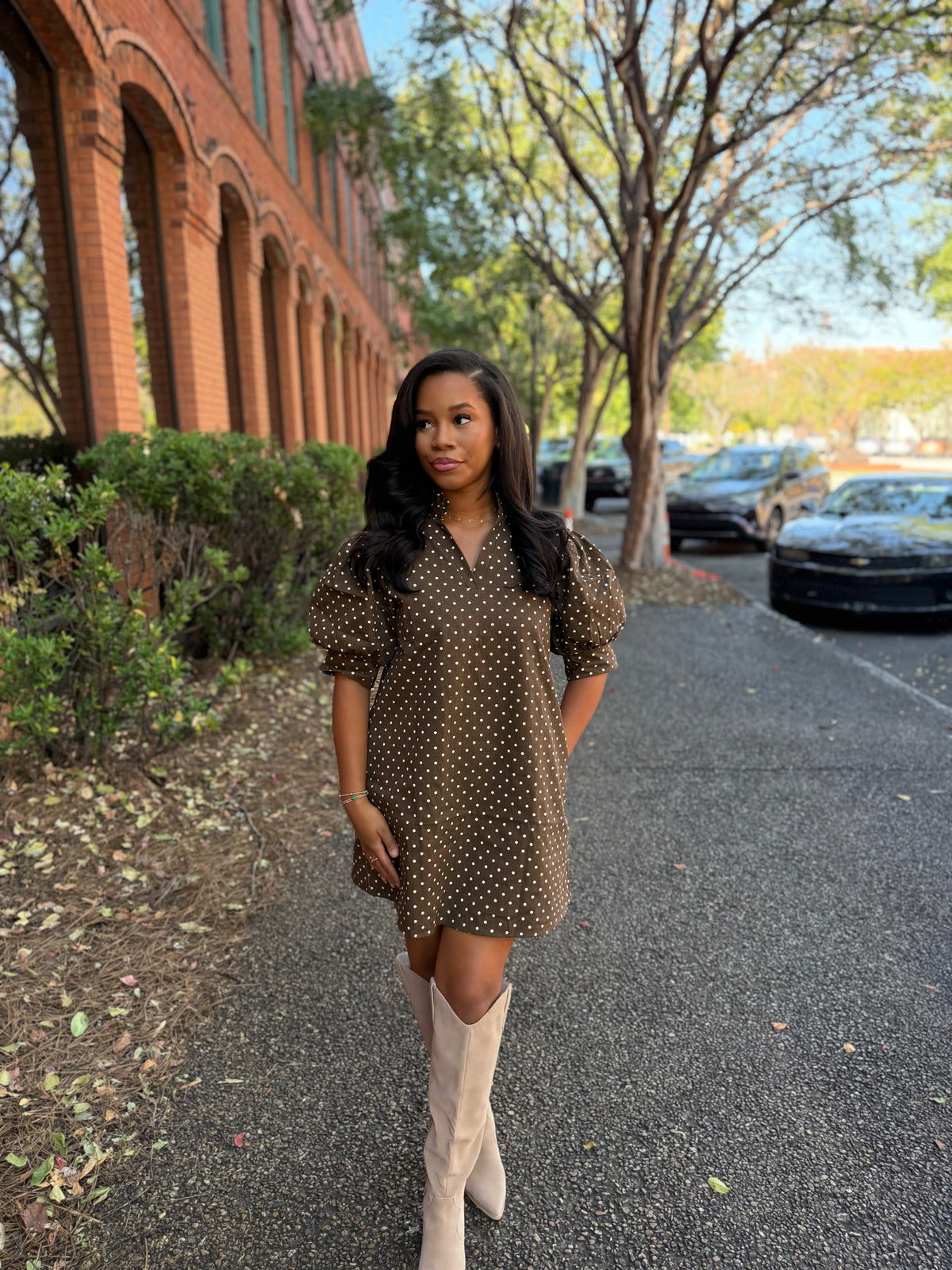 Polka dot denim mini dress