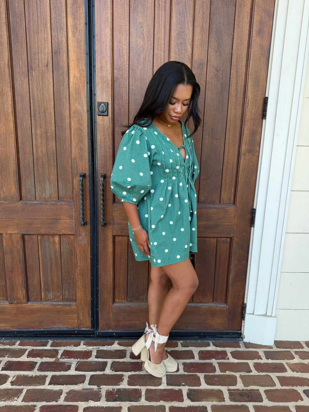 Polka twill denim romper, green