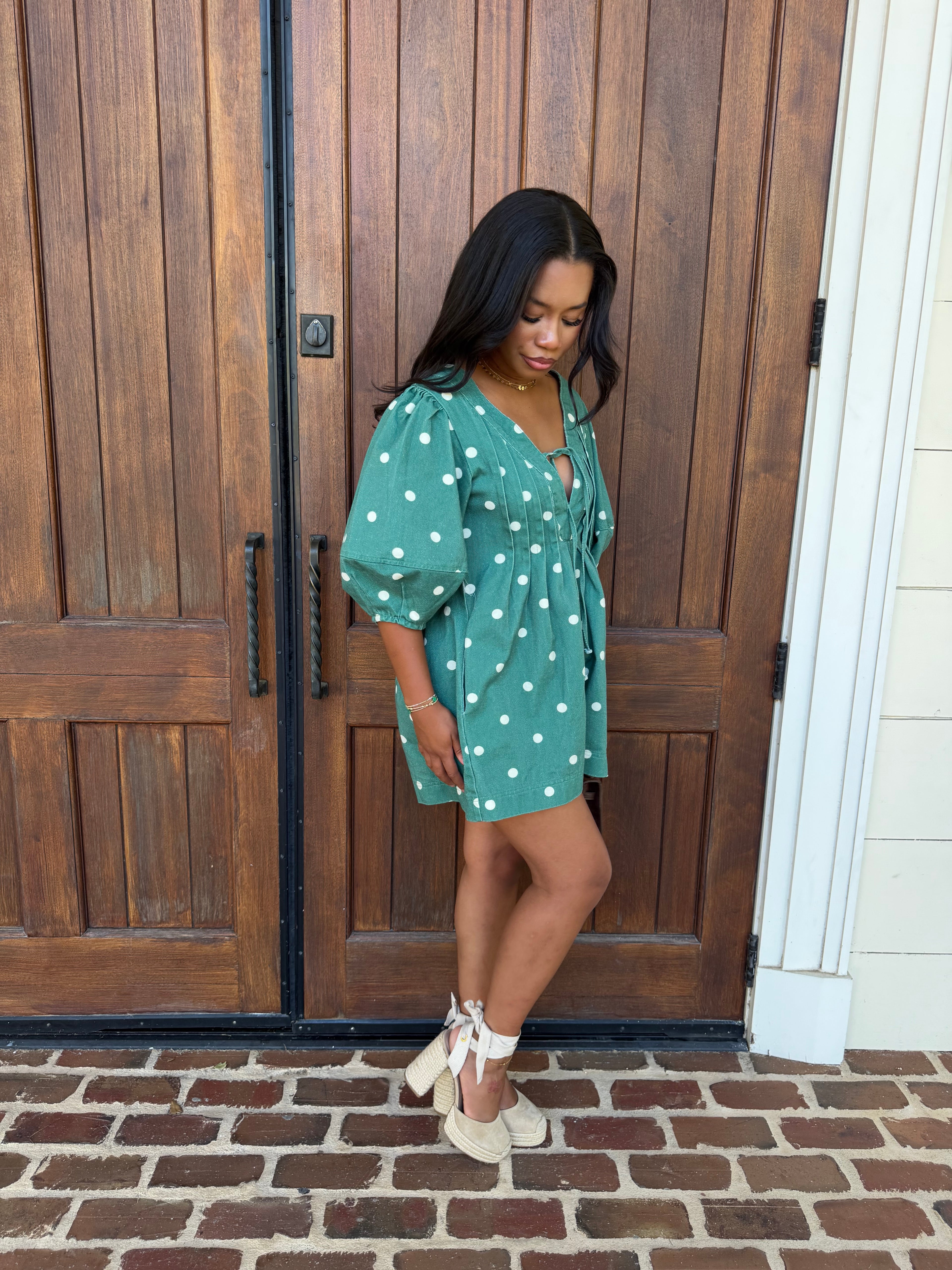 Polka twill denim romper, green