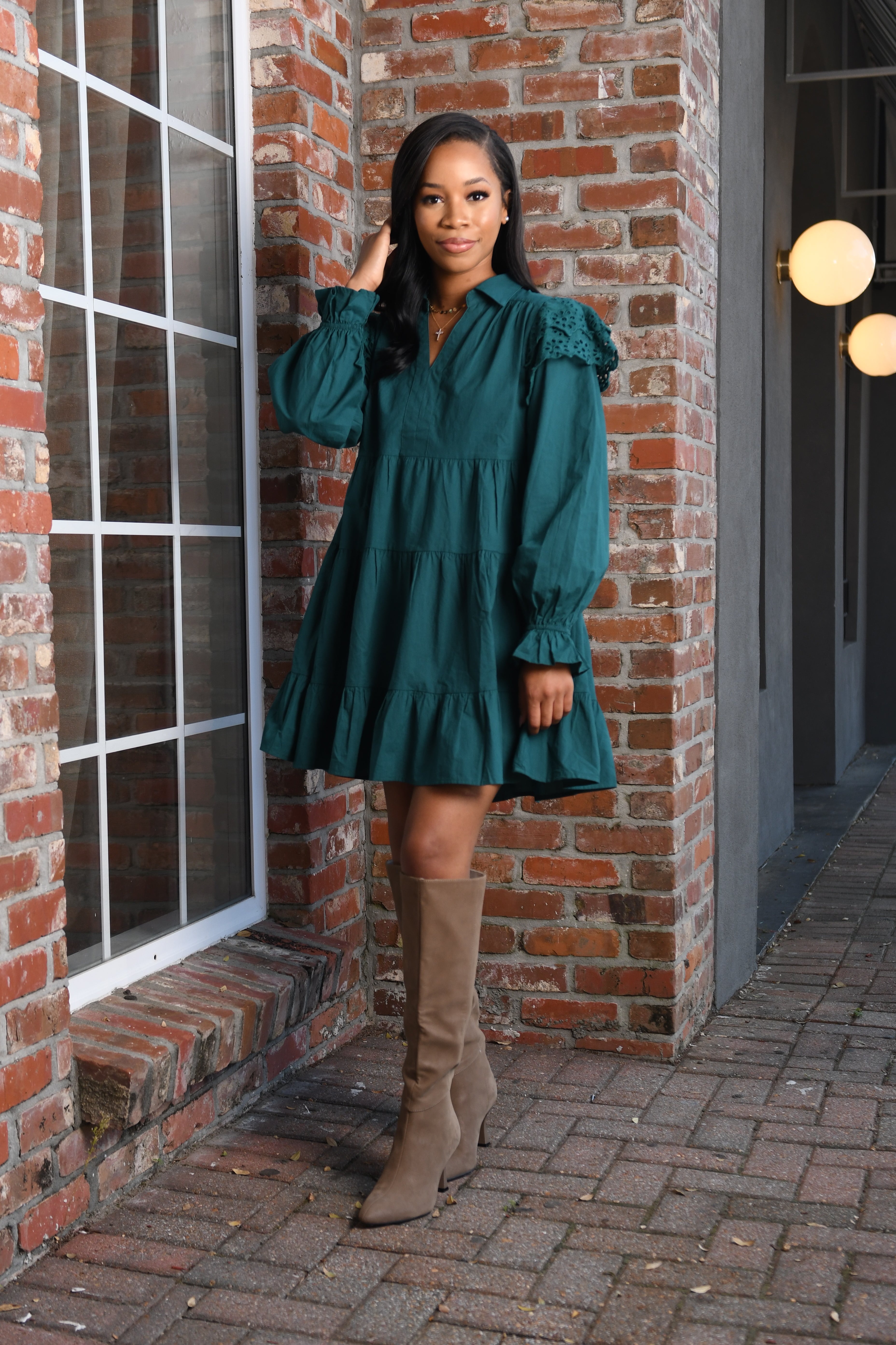 Frills dress, hunter green