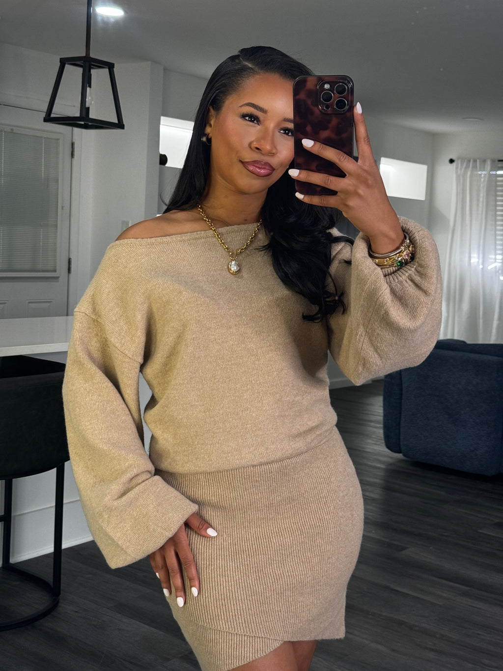 Taupe knit mini dress