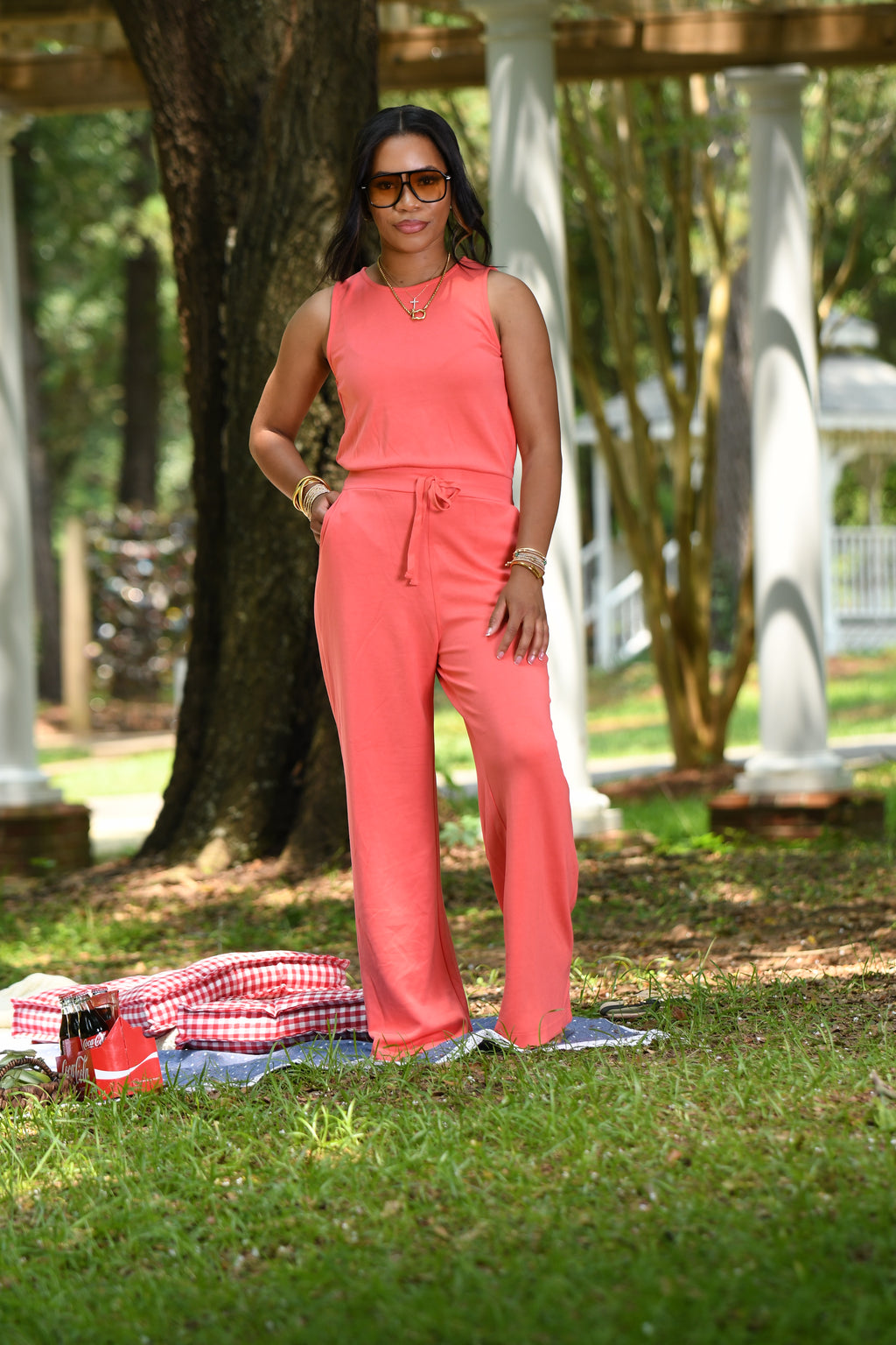 Coral waistband jumpsuit