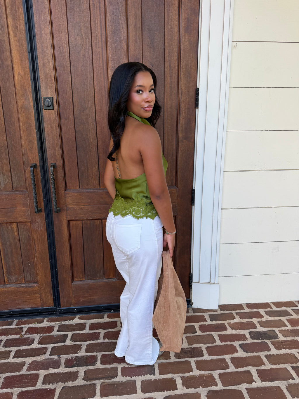 Lace halter top, green