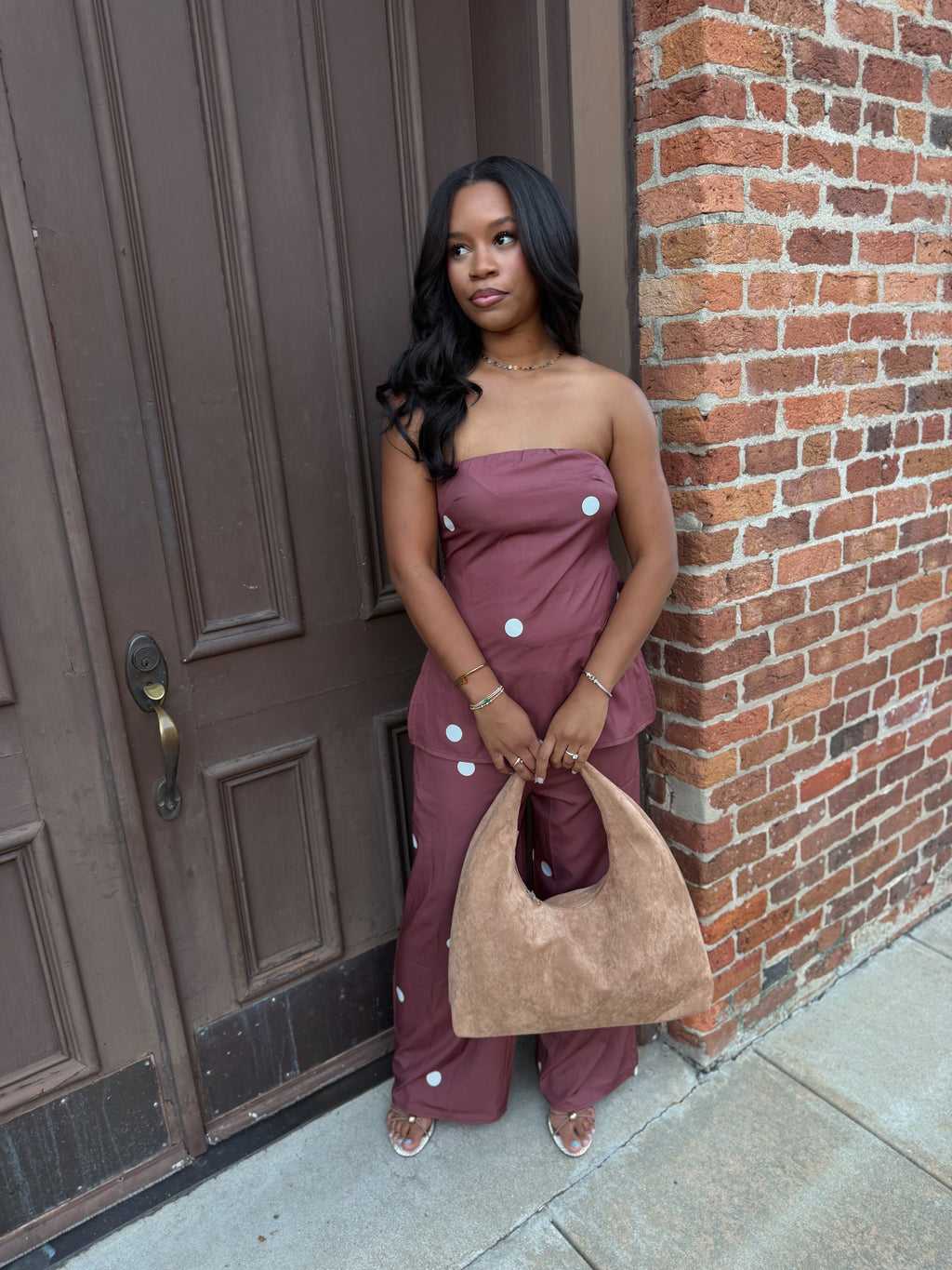 Brown polka dot, pants set