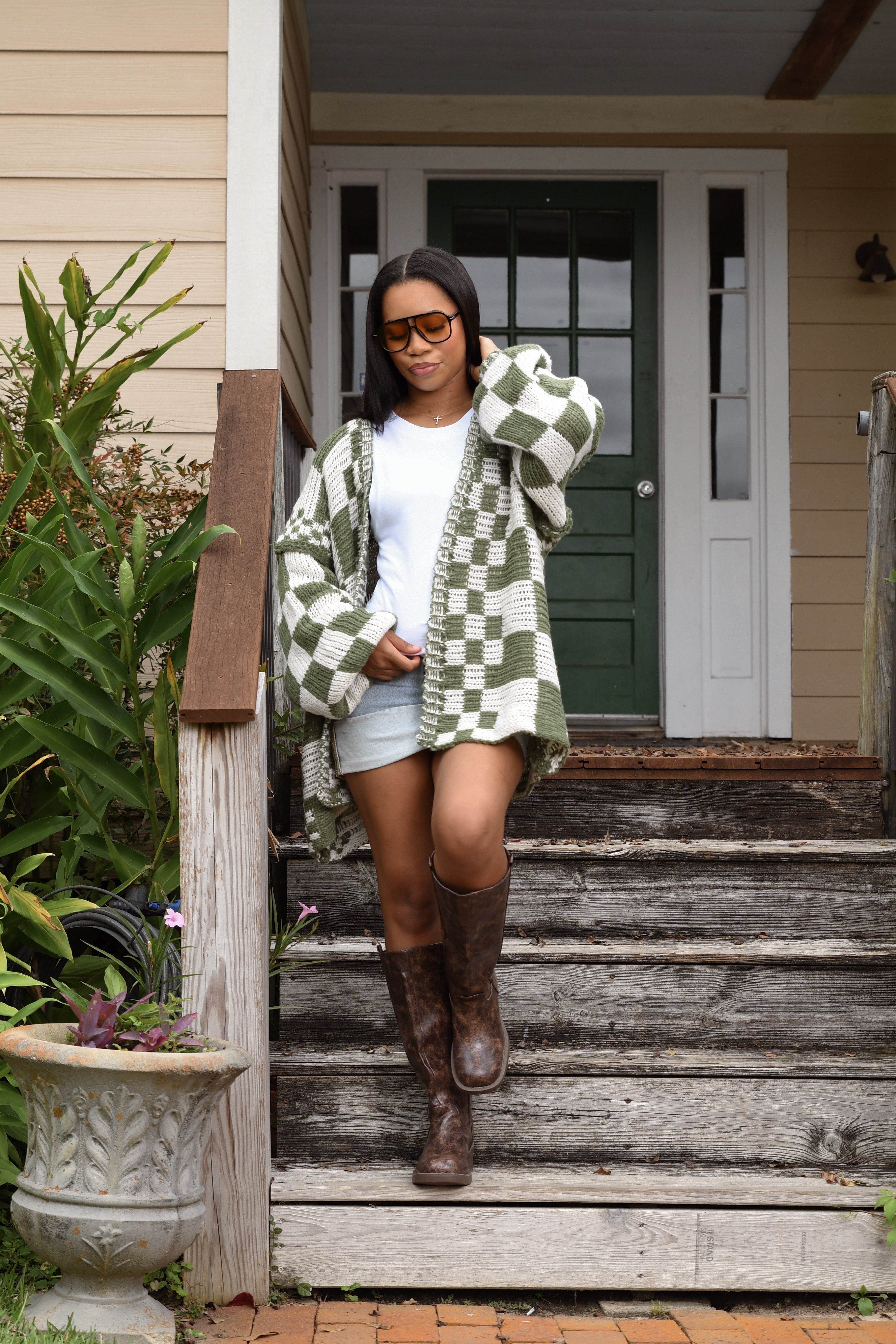 Oversized checkered cardigan