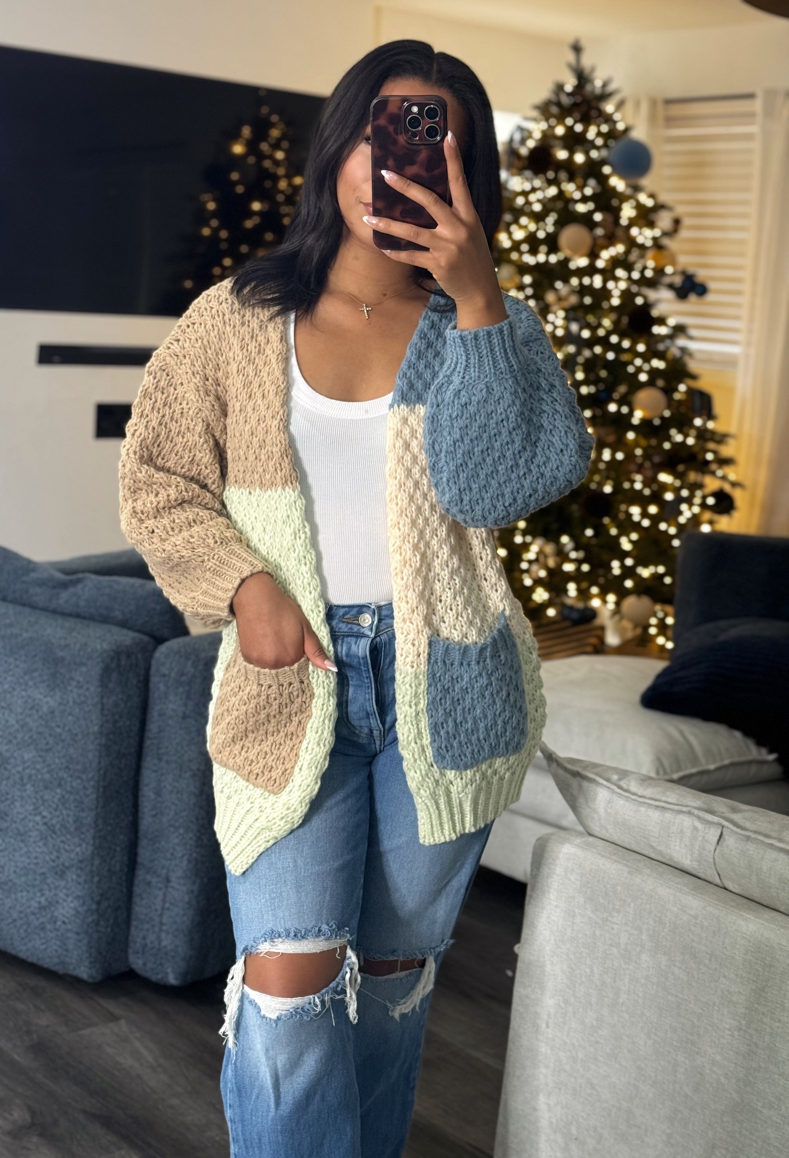 Color block cardigan, neutral