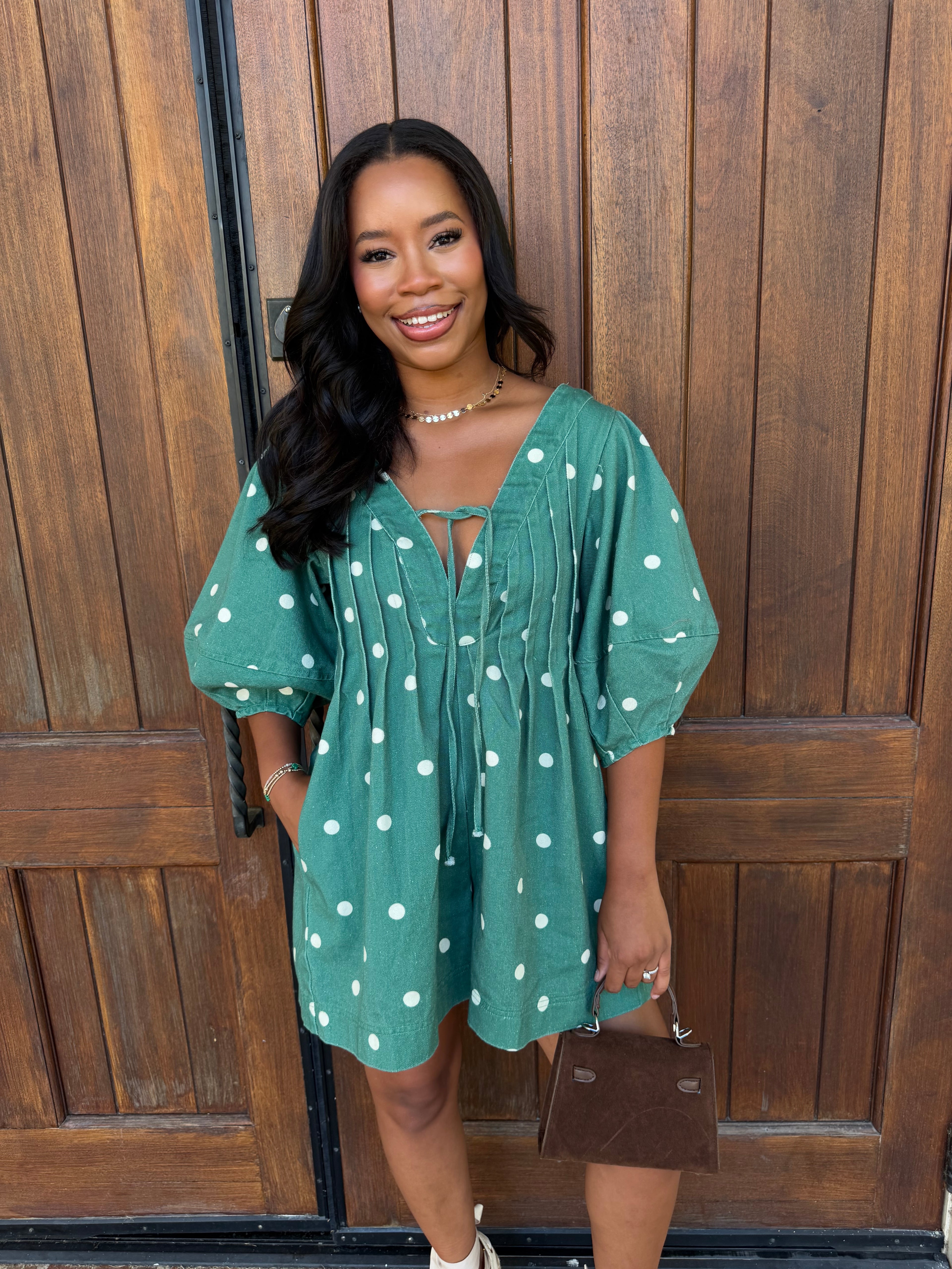 Polka twill denim romper, green