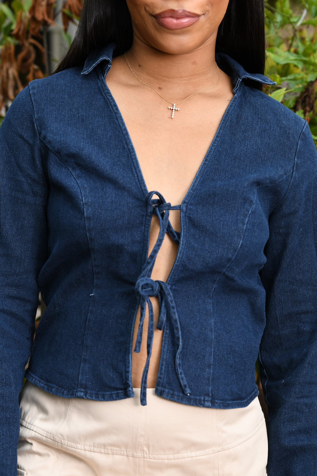 Tie front denim top