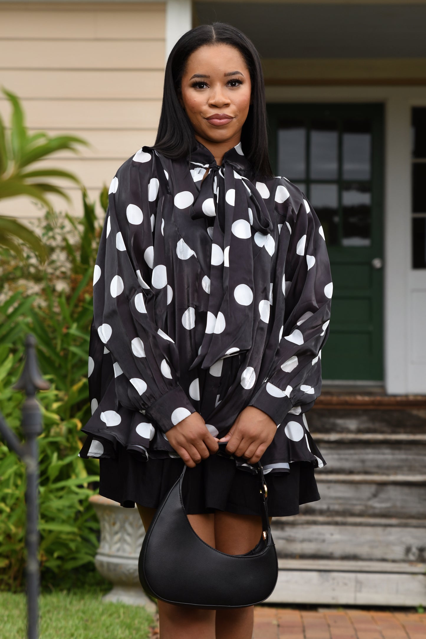 Polka dot chiffon tie neck blouse