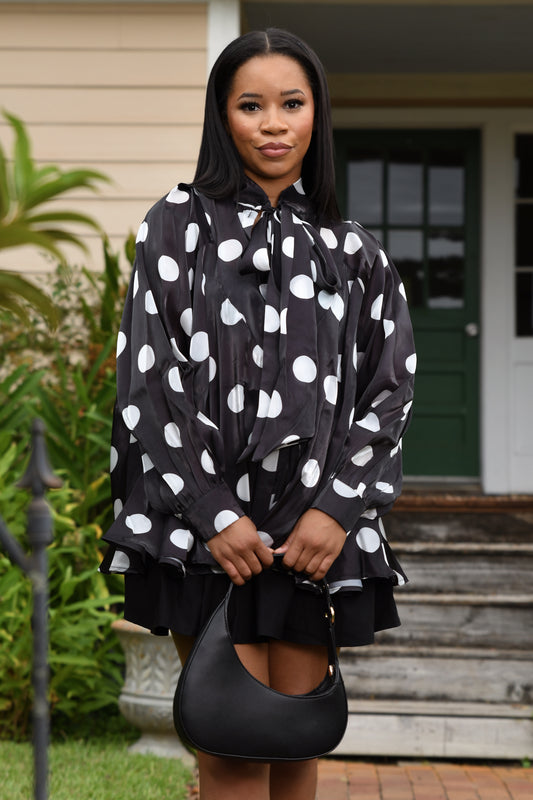 Polka dot chiffon tie neck blouse